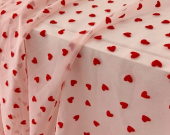 4 way stretch tulle fabric with red velvet hearts, pink stretchy mesh fabric, elastic tulle fabric, smooth, well drape