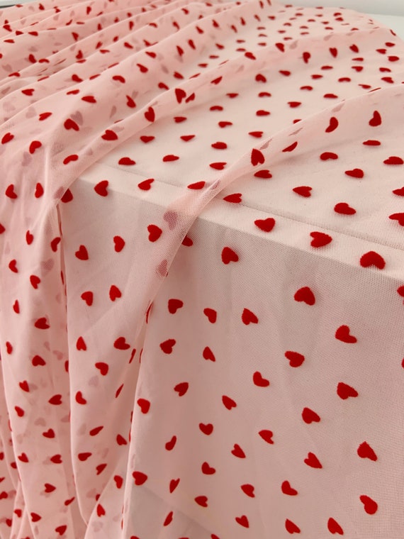 4 Way Stretch Tulle Fabric With Red Velvet Hearts, Pink Stretchy Mesh  Fabric, Elastic Tulle Fabric, Smooth, Well Drape 
