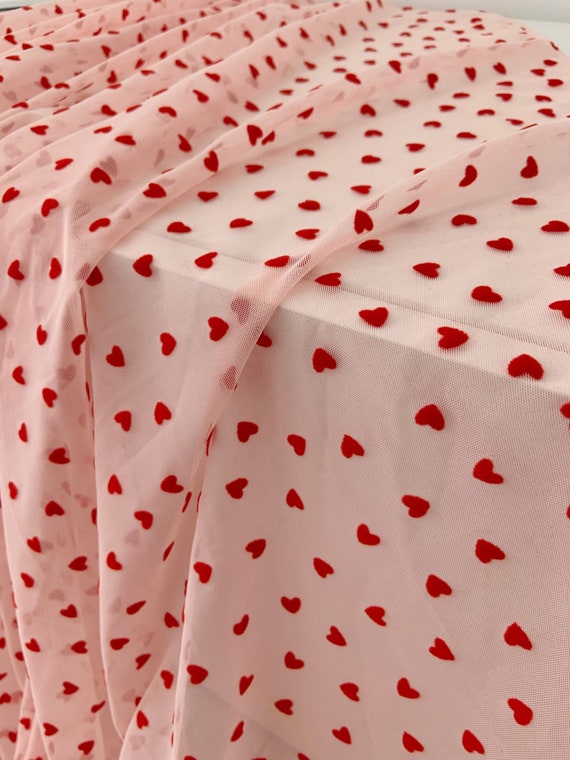 4 way stretch tulle fabric with red velvet hearts, pink stretchy mesh fabric, elastic tulle fabric, smooth, well drape