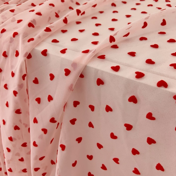 4 way stretch tulle fabric with red velvet hearts, pink stretchy mesh fabric, elastic tulle fabric, smooth, well drape