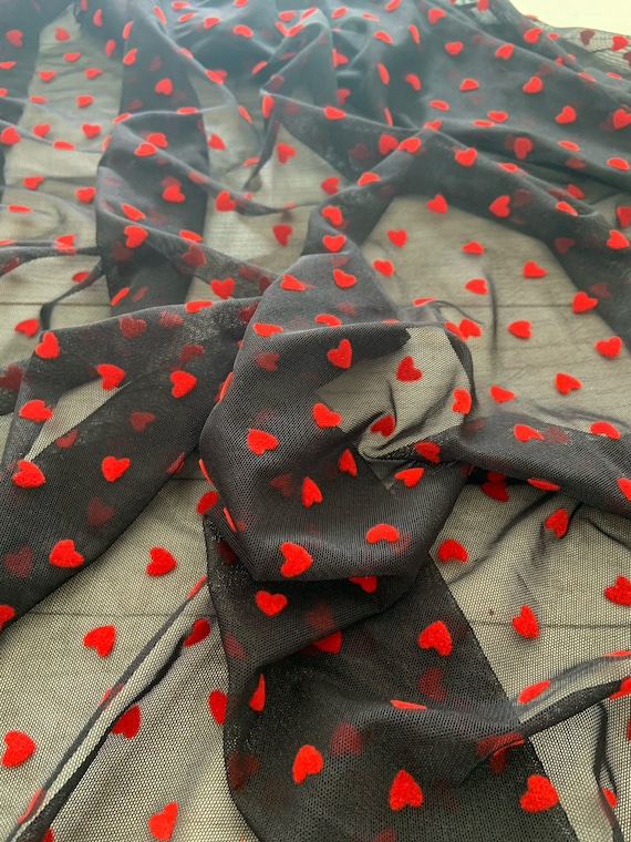 black Stretch mesh fabric with red velvet hearts, black power mesh fabric with flocking heart, elastic tulle fabric, well drape