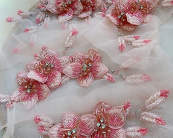 pink bead flowers patches for dress alteration, beadwork floral appliqué millinery supplies