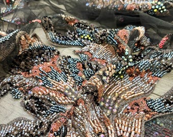 Tela bordada con cuentas negras y flores, parche de flores con cuentas gruesas para alta costura, prendas y modificaciones de vestidos.