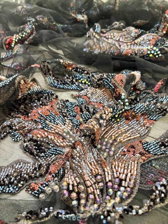 black bead embroidery fabric with flowers, heavy bead flower patch for couture, garment, dress alteration