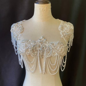 Rhinestone applique for bridal cape, body jewelry with fringe, shoulder necklace for couture and dance costume