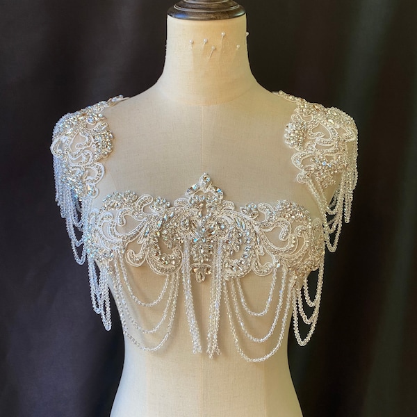 silver Rhinestone applique with fringe for bridal cape, body jewelry with fringe, shoulder necklace for couture dance costume