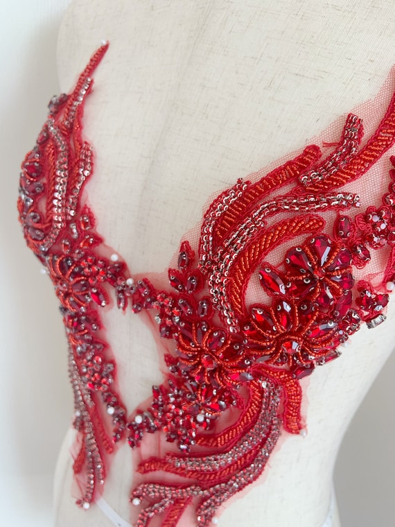 Red rhinestone applique, crystal bodice patch, hinestone patch applique for couture dance costume