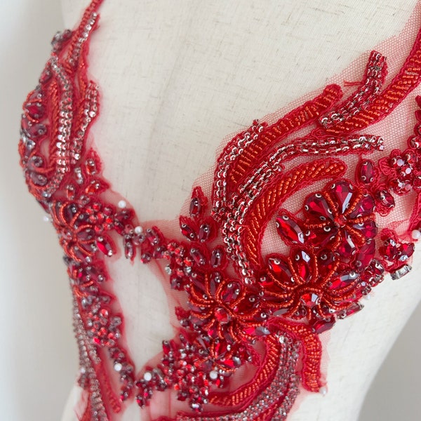 Red rhinestone applique, crystal bodice patch, hinestone patch applique for couture dance costume