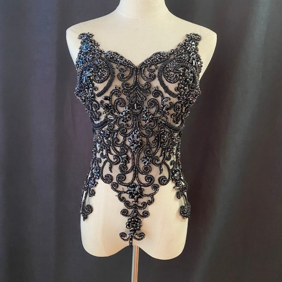 Black Rhinestone bodice applique for couture, crystal bodice applique for dress, costume supplies