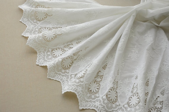 off white eyelet lace fabric, cotton lace fabric with floral border