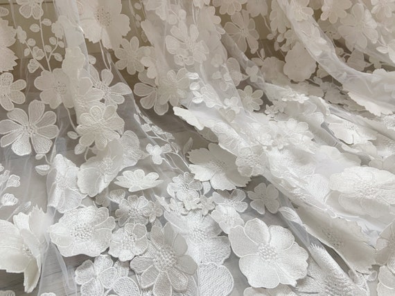 Off white Embroidered florals Tulle lace fabric,  3d flowers embroidery tulle lace fabric for couture, bridal dress