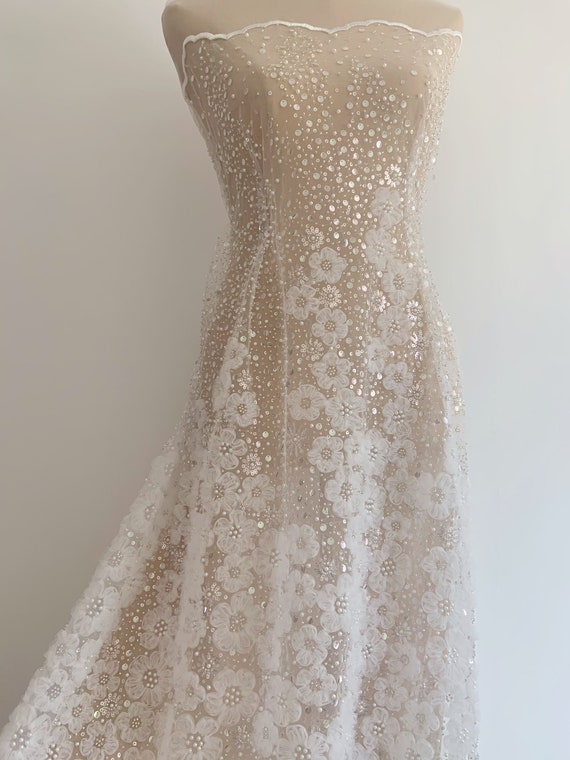 Fairytale bead tulle lace fabric with 3d flowers for bridal dress, couture, costume, ball gown