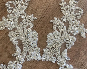 Bridal rhinestone appliqué with florals, crystal bodice patch, heavy bead applique for couture