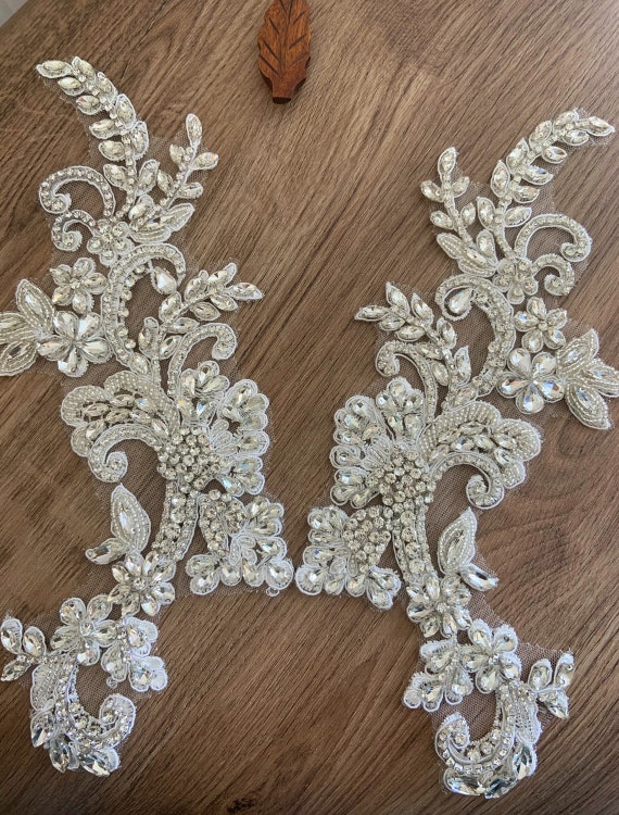 silver rhinestone appliqué with florals, crystal bodice patch, rhinestone patch applique for couture xfw