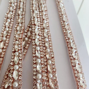 Thin Rose Gold Rhinestone Sash trim, thin crystal bead belt for wedding sash, dress strip, couture