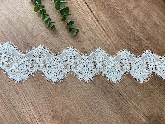 White cord Chantilly lace trim with scallops for wedding dress, bridal lingerie