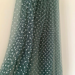 Dark green tulle Lace fabric with polka dots, swiss tullle with flocking dots