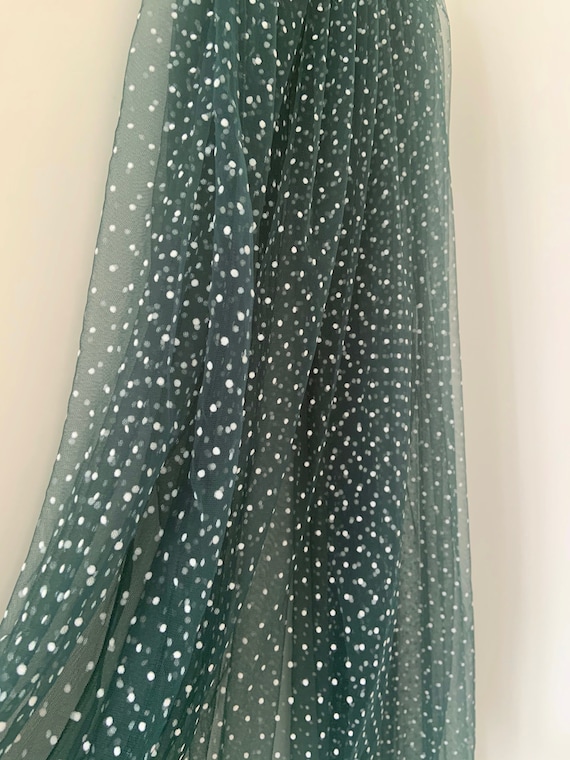 Dark green tulle Lace fabric with polka dots, swiss tullle with flocking dots
