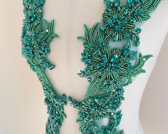 Green rhinestone appliqué  for couture, costume, dress, crafted florals motif bodice, deluxe bead florals applique for couture