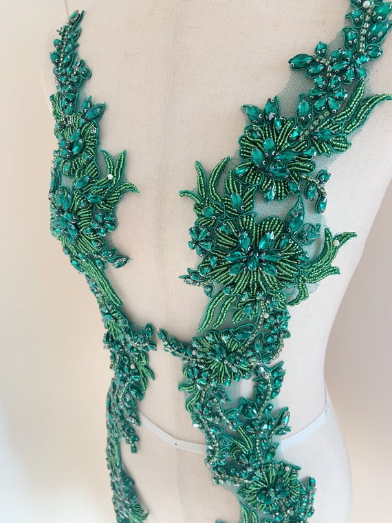 Green rhinestone appliqué  for couture, costume, dress, crafted florals motif bodice, deluxe bead florals applique for couture