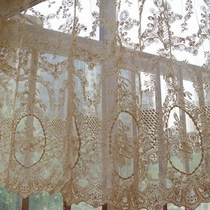 cream lace fabric, embroidered tulle lace fabric with scalloped edge