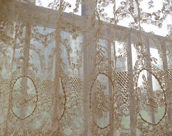 cream lace fabric, embroidered tulle lace fabric with scalloped edge