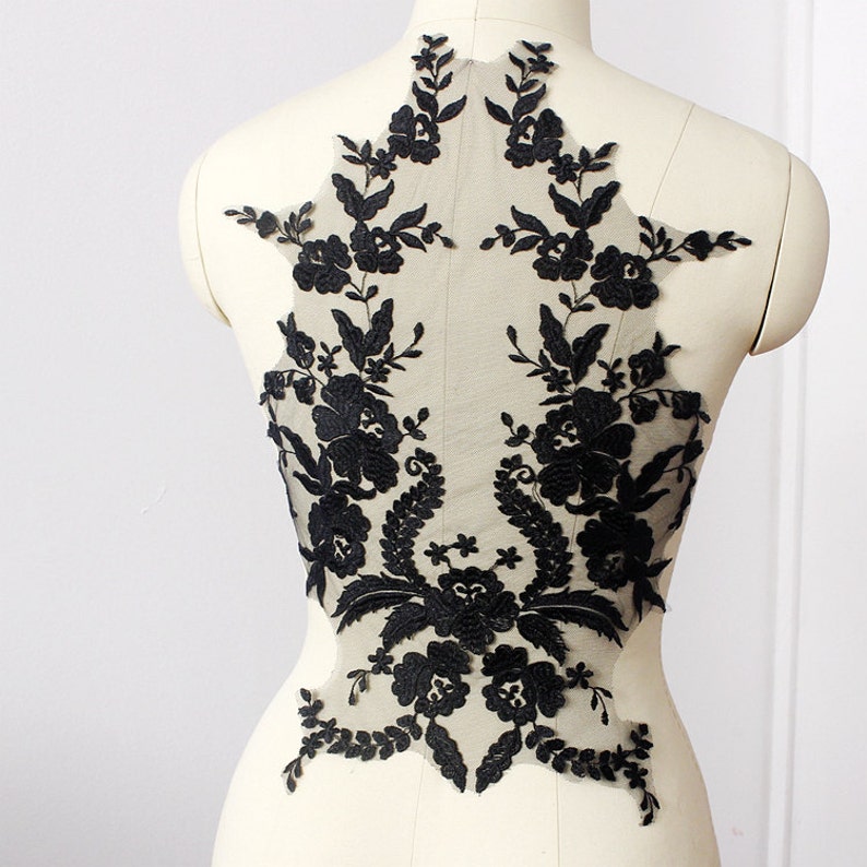 black Lace Applique, embroidered bodice lace applique, lace bodice for bridal dress altering image 1