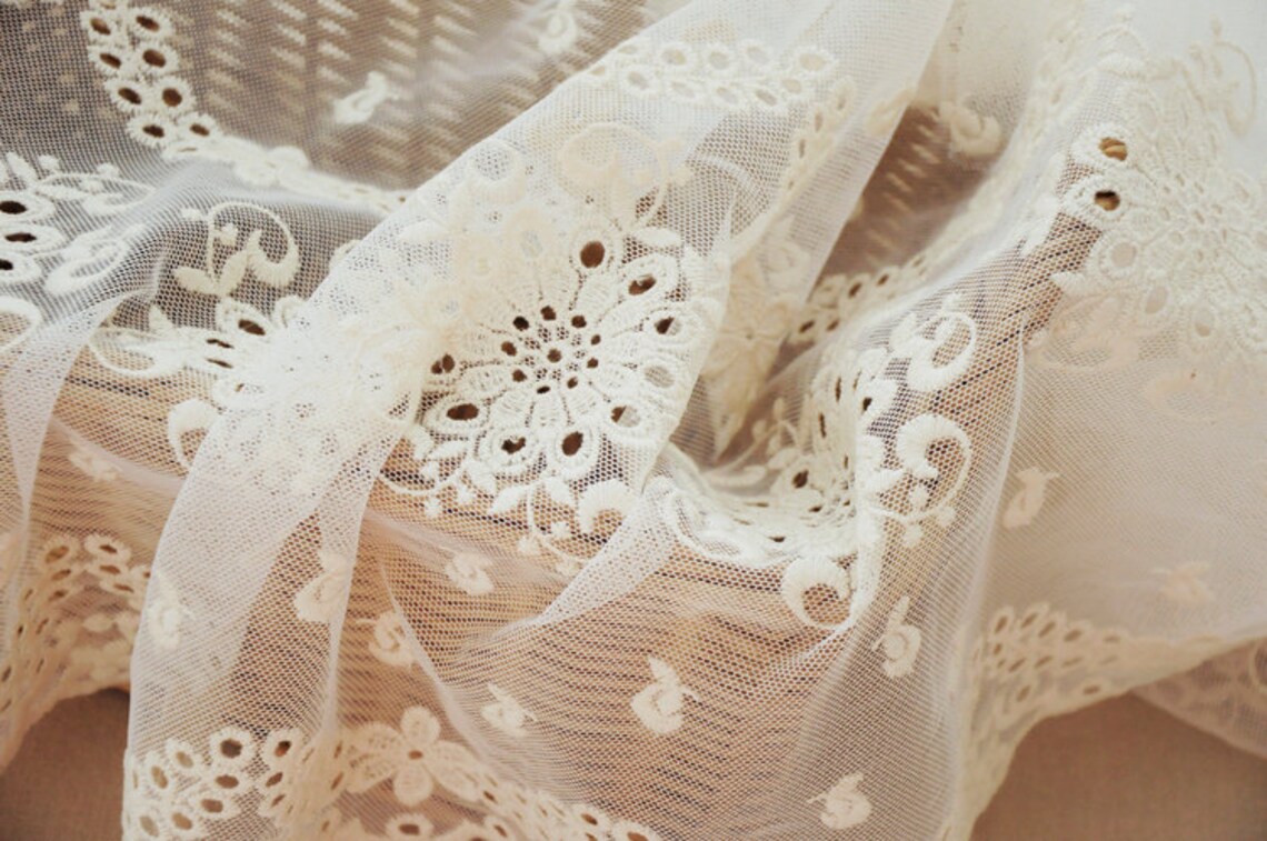 Cream lace fabric with hollowed out floral embroidered mesh Etsy