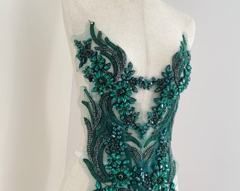 Dark emerald green rhinestone applique, crystal bodice patch  for couture dance costume