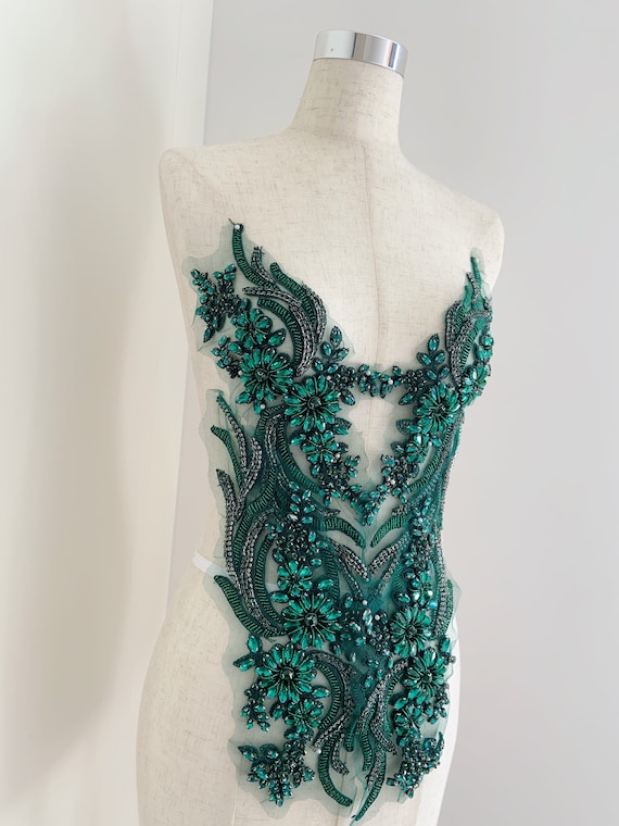 Dark green rhinestone applique, crystal bodice patch, rhinestone patch for couture dance costume