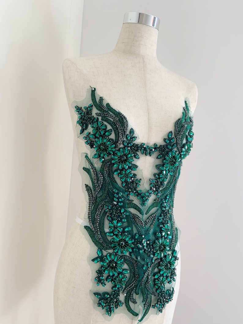 Dark Emerald Green French Bead Applique Crystal Bodice Patch - Etsy