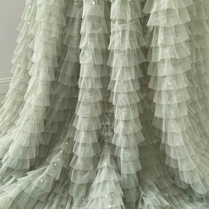 Sage green ruffle Fabric for cake dress with sequins, frilled fabric for tutu dress, Photography Prop Backdrop, Wedding tablecloth, prop