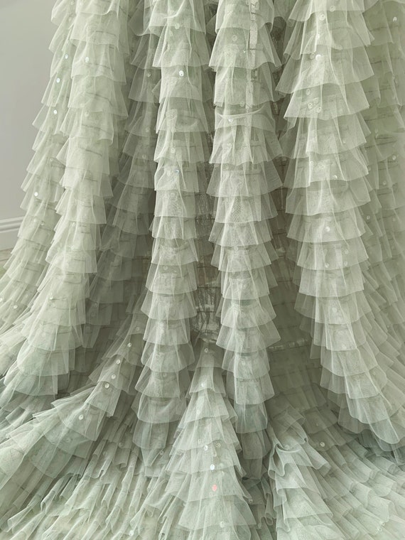Beige Ruffle Fabric for Cake Dress With Sequins, Frilled