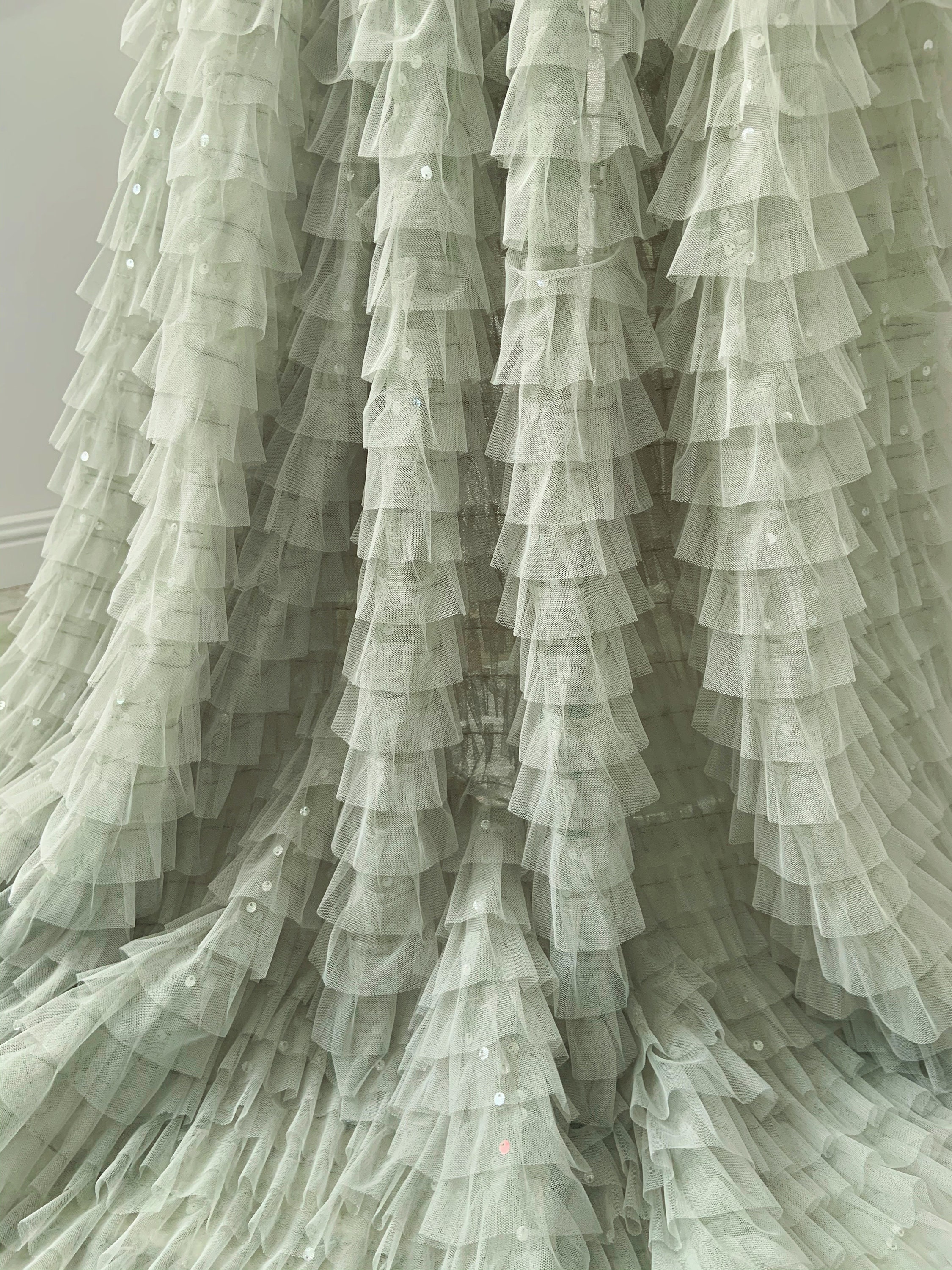 Sage Green Ruffle Fabric for Cake Dress With Sequins Frilled