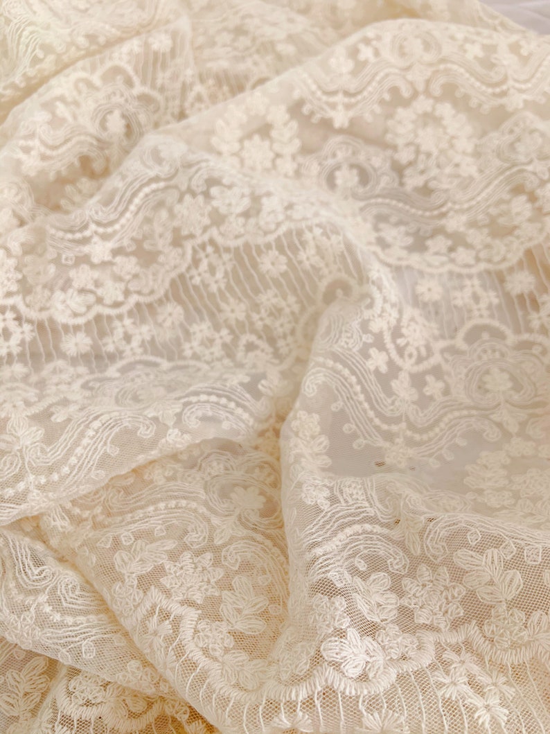 Ivory Embroidered Tulle Lace Fabric With Elegant Florals - Etsy