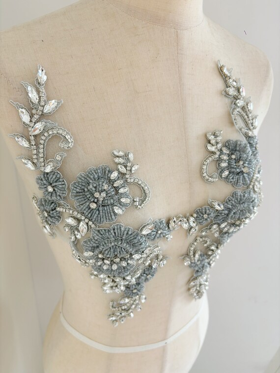 Grey rhinestone applique, handcrafted crystal bodice patch with 3d flowers, heavy bead applique for couture and dance costume
