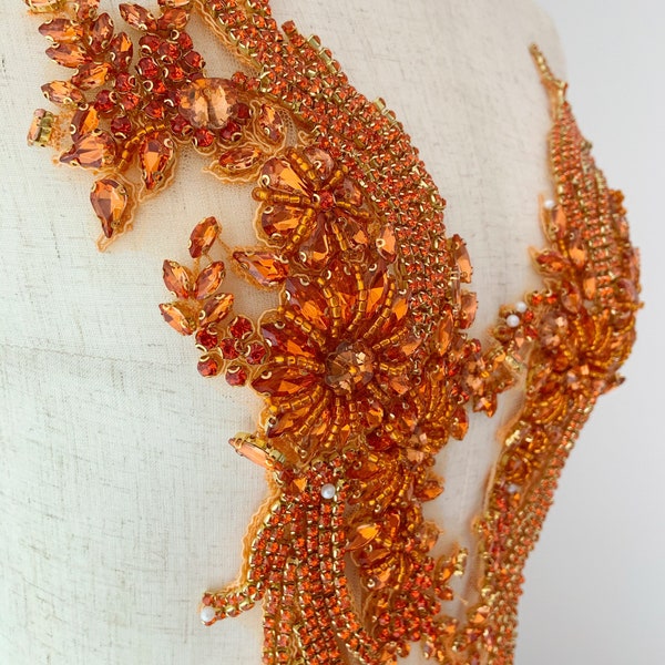 Orange French bead applique, crystal bodice patch, heavy rhinestone bead applique for couture and dance costume