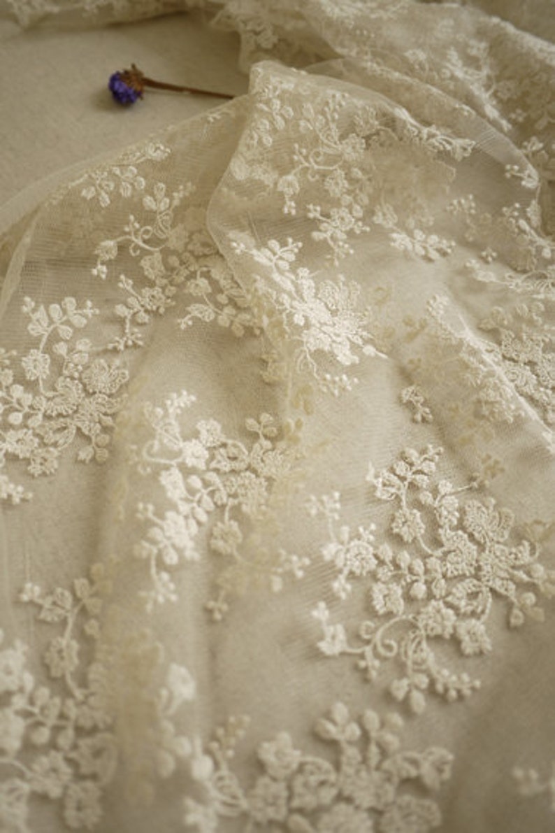 Ivory Lace Fabric, Embroidered tulle Lace fabric with retro florals, Chic bridal lace fabric, mesh lace fabric, tulle lace fabric image 2