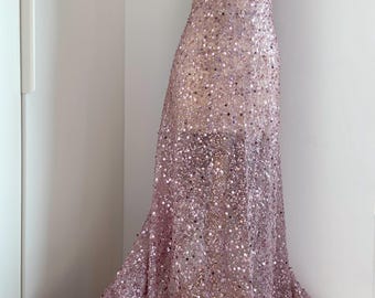 Tela de encaje Chantilly morada con cuentas, tela de encaje Chantilly elástica para vestido de fiesta.