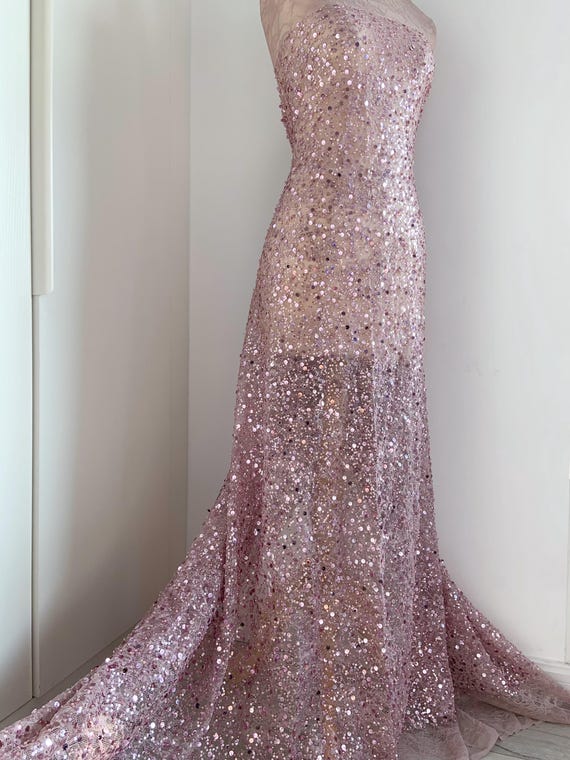 Purple beaded Chantilly lace fabric, stretch chantilly lace fabric for dress prom dress