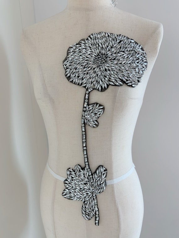 Silver rhinestone applique on black base, crystal bead bodice patch, handcrafted rhinestone applique for prom dress