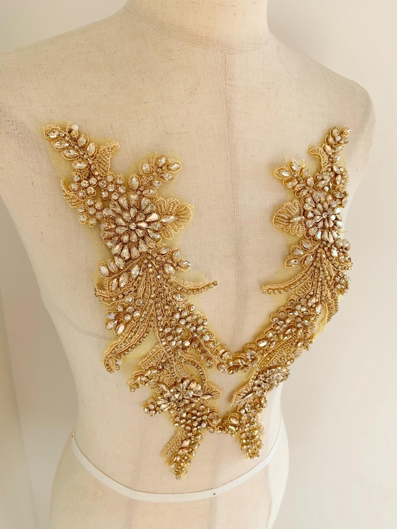 Hand sewn Gold rhinestone appliqué  for costume, dress, bead rhinestone florals patch for couture