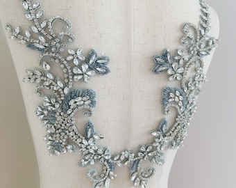 denim blue Rhinestone appliqué with florals , crystal applique for dress alteration, couture supplies, dance costume supplies