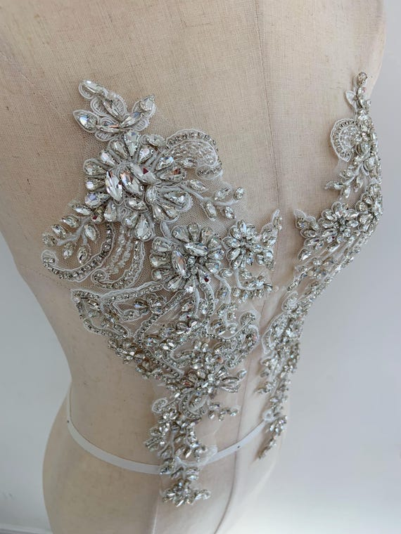 One pair Silver rhinestone applique patch for dress, dance costume, rhinestone corset , dress supplies for prom dress , birthday dress