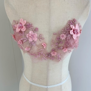 2pcs pink florals appliqués patches, pink 3d flowers lace appliqués