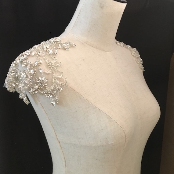 Clear Rhinestone bead applique for shoulder embellishment, crystal bodice applique