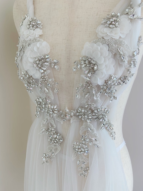 Silver rhinestone Florals applique, crystal bodice patch, heavy bead applique for couture and dance costume