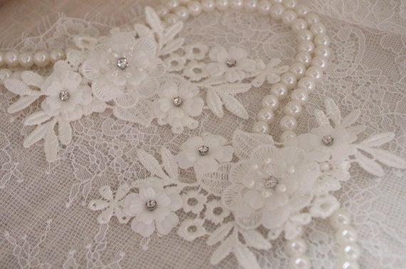 2pcs off white lace applique, 3D heavy bead lace applique with roses, 3D flowers lace applique, bridal lace appliques, bridal headpiece