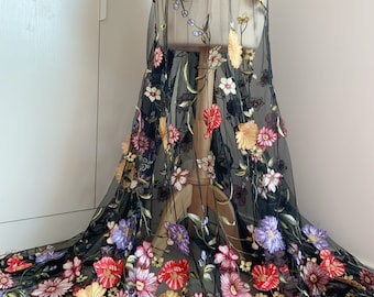 Black embroidered tulle lace fabric with 3d colorful flowers