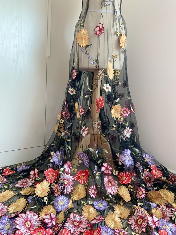 Black embroidered tulle lace fabric with 3d colorful flowers